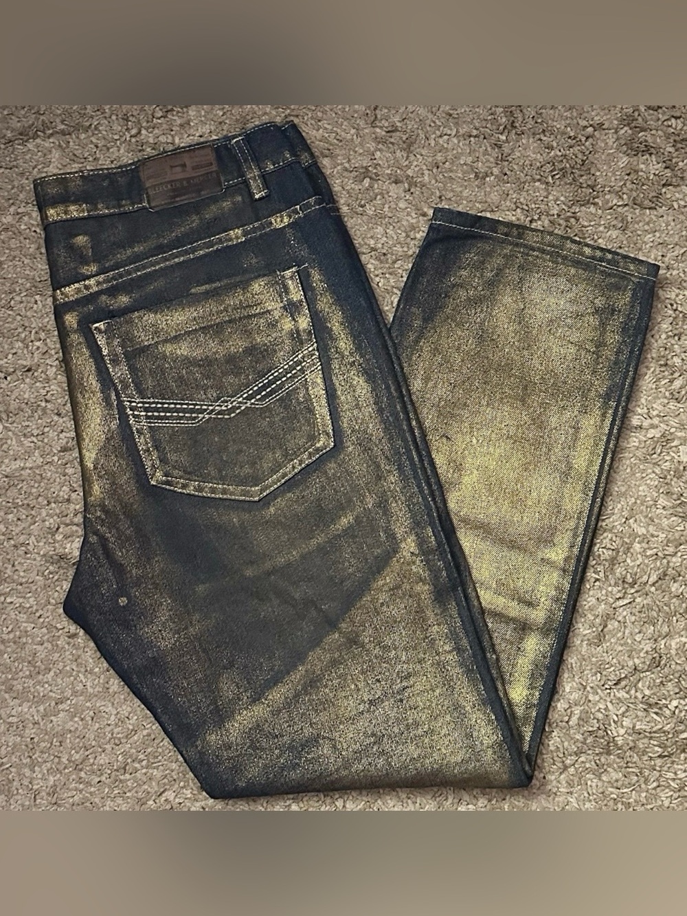 Bleecker & Mercer Men’s 38x32 Blue Metallic Gold Finish Tapered Moto Denim Jeans